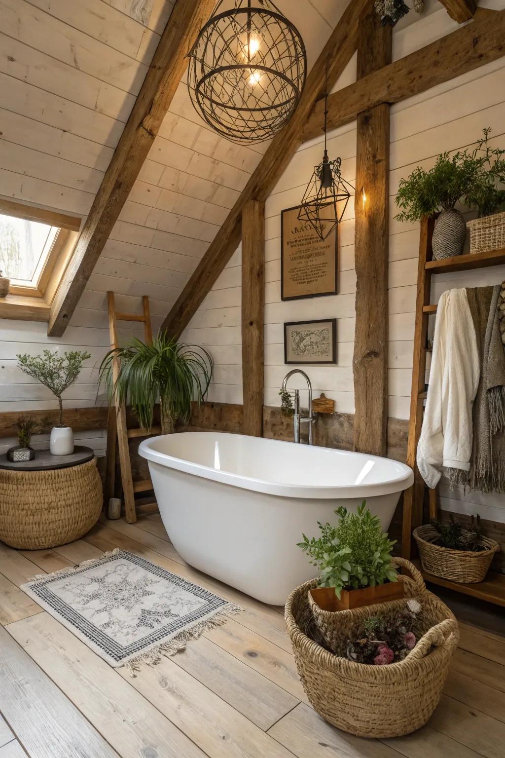 A freestanding tub acting as an elegant point of focus in a rustic bathroom.