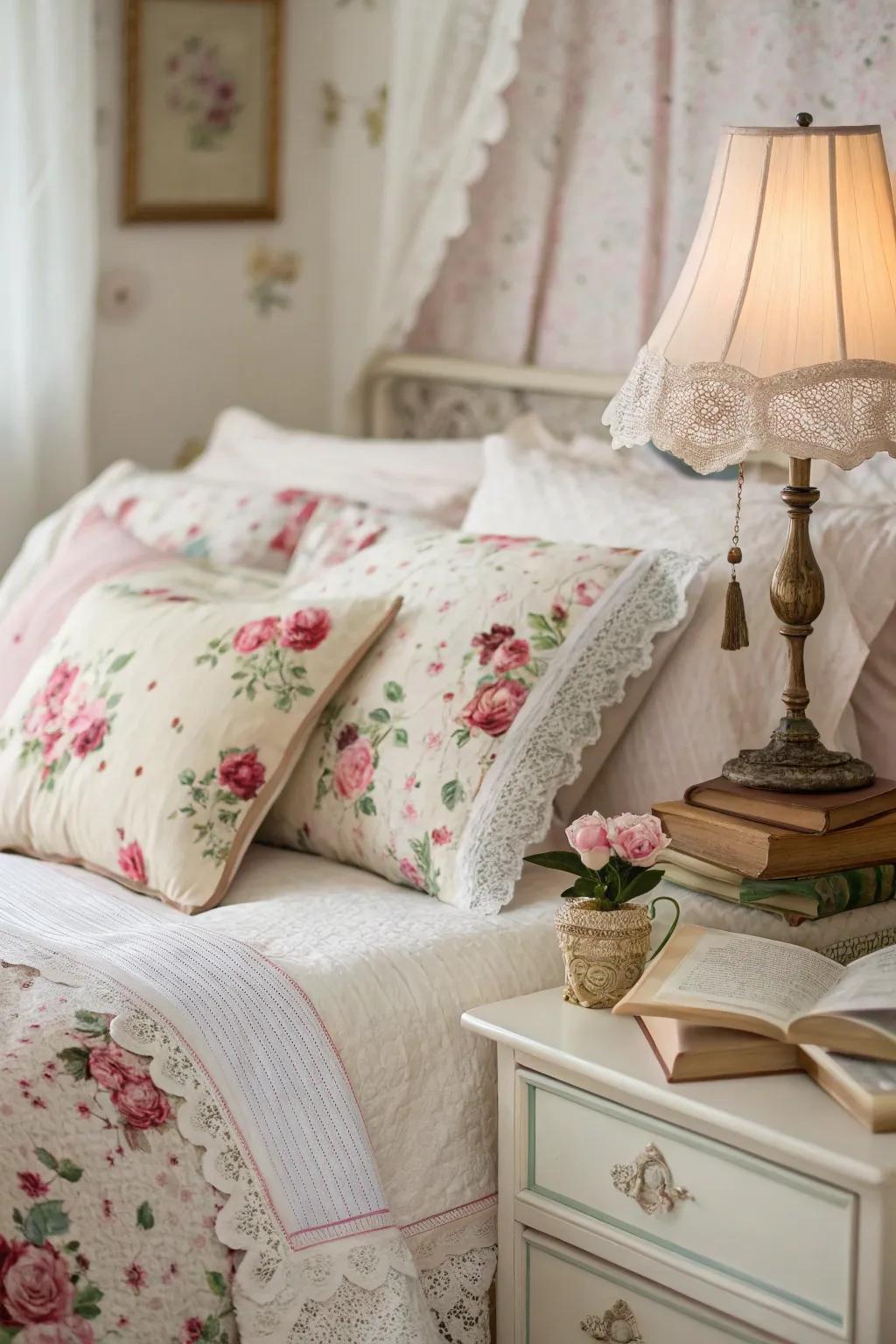 Subtle floral patterns add a gentle elegance to this shabby chic bedroom.