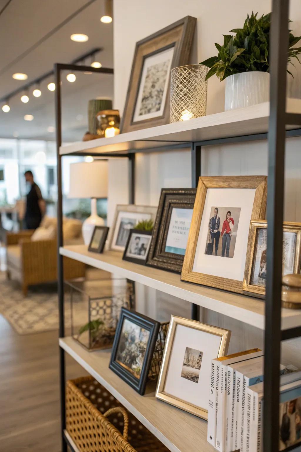 Inject personality into your shelves with artwork and photos.