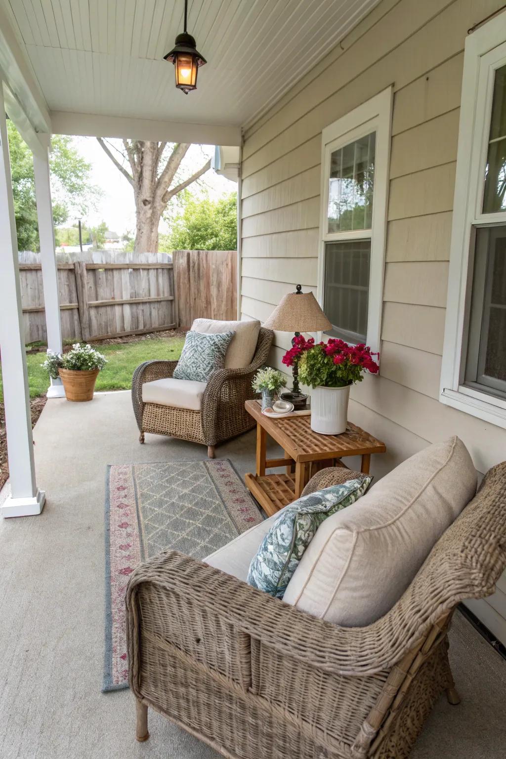 A compact front porch showcasing comfortable seating options for relaxation.