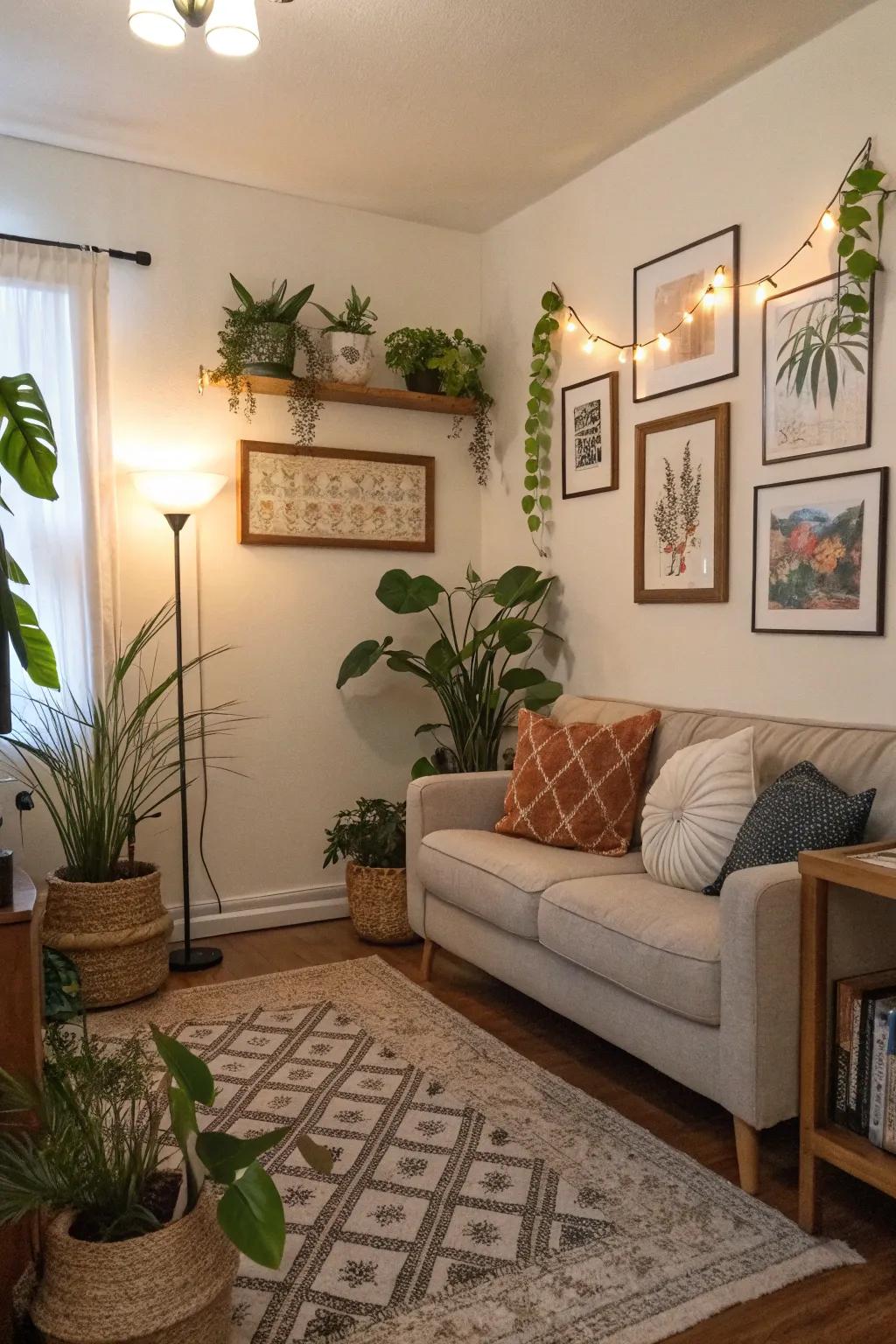 Decorative accents such as plants and artwork in a small living room.