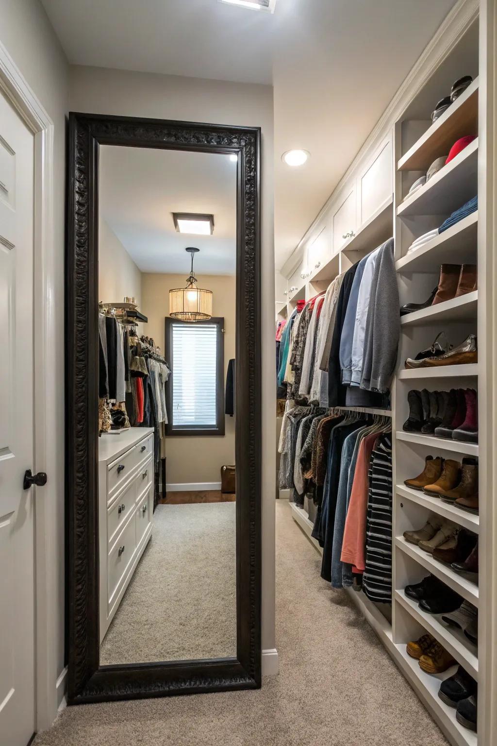 A mirror enhances space and light in your closet.