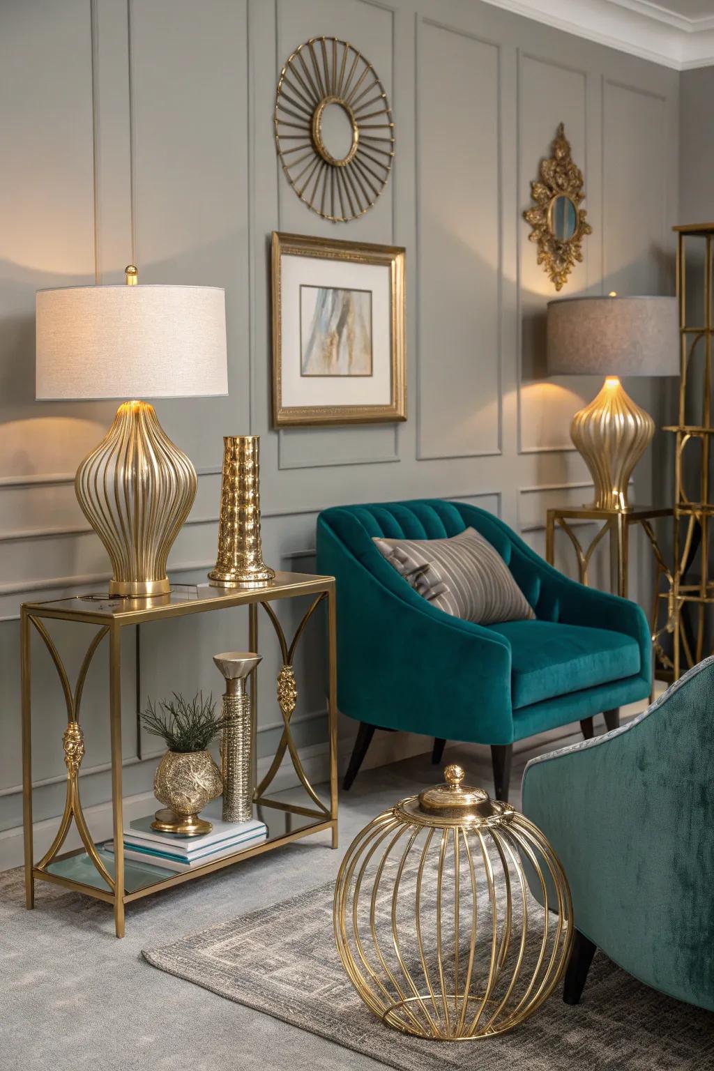 Metallic accents elevate the glamour of a teal and gray living space.