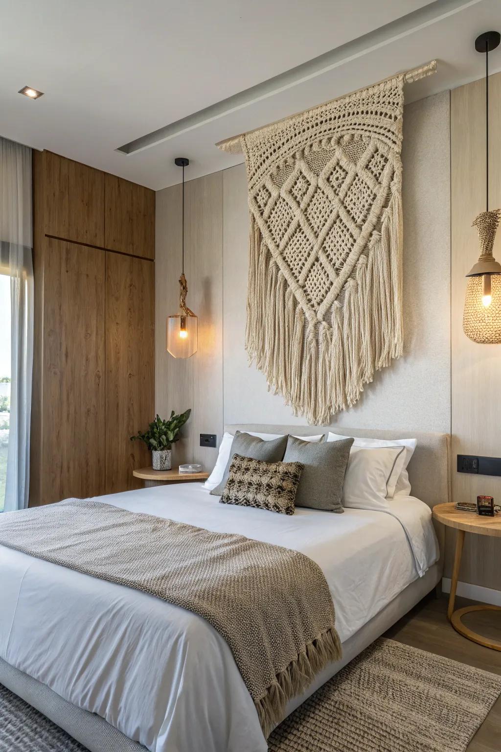 A woven wall sculpture enhancing the texture of a contemporary sleeping area.