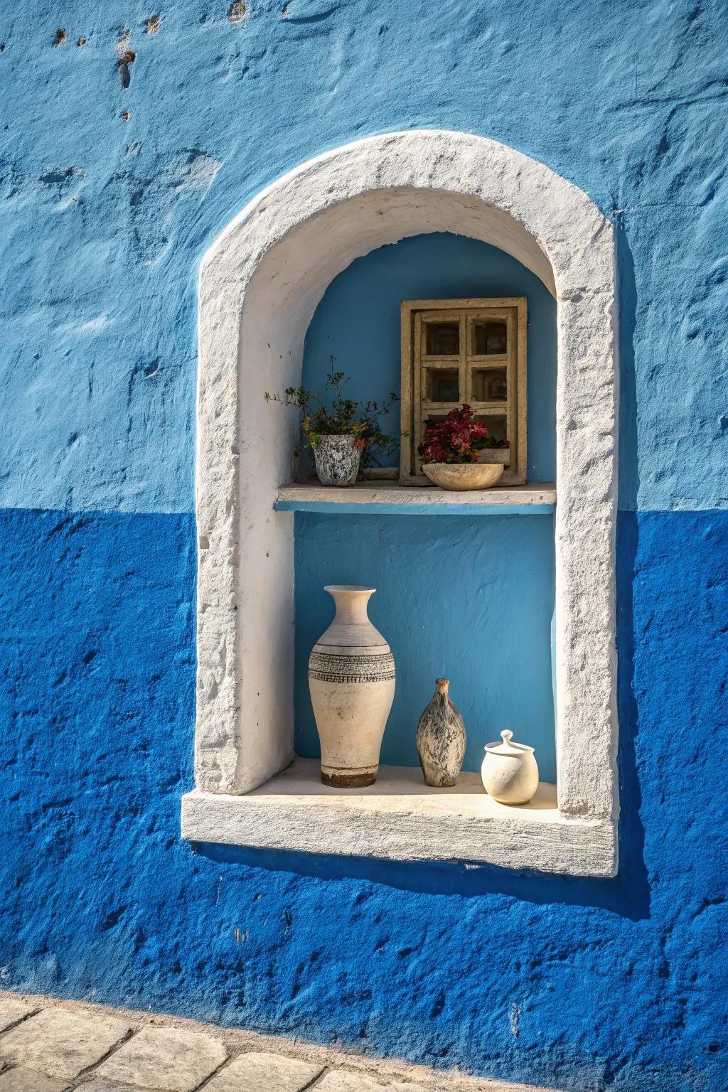 A wall niche is painted blue to stand out and grab attention.