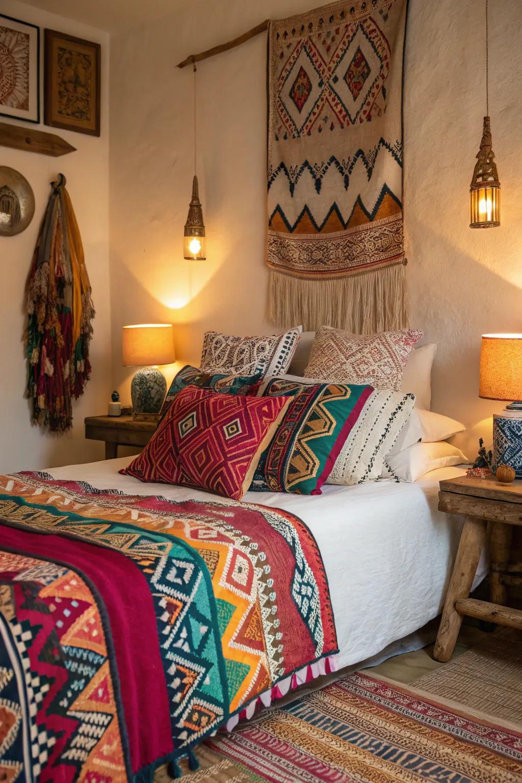 Ancestral patterns introduce dynamic flair to the sleeping quarters.