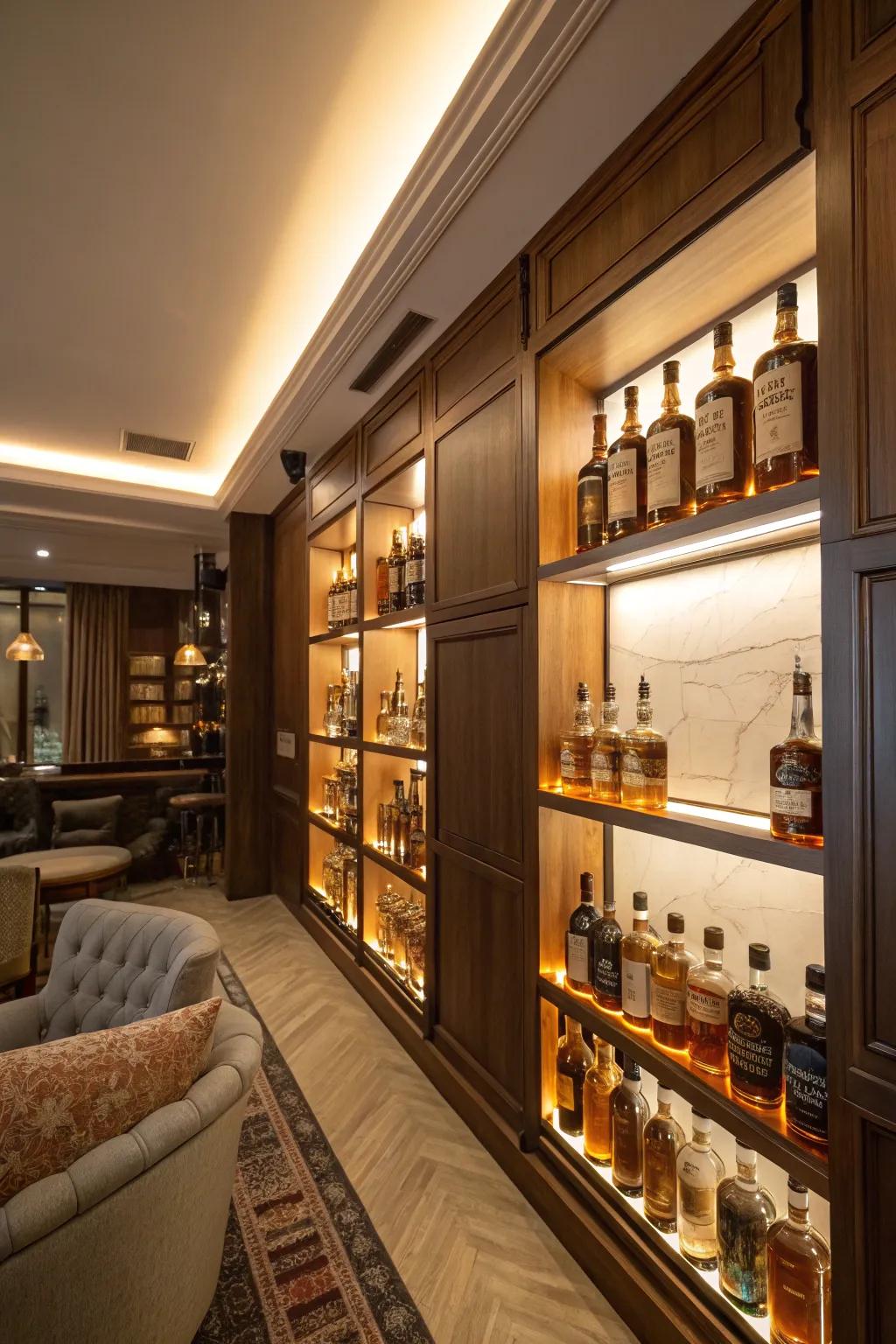 A well-organized whiskey display becomes the focus of your room.