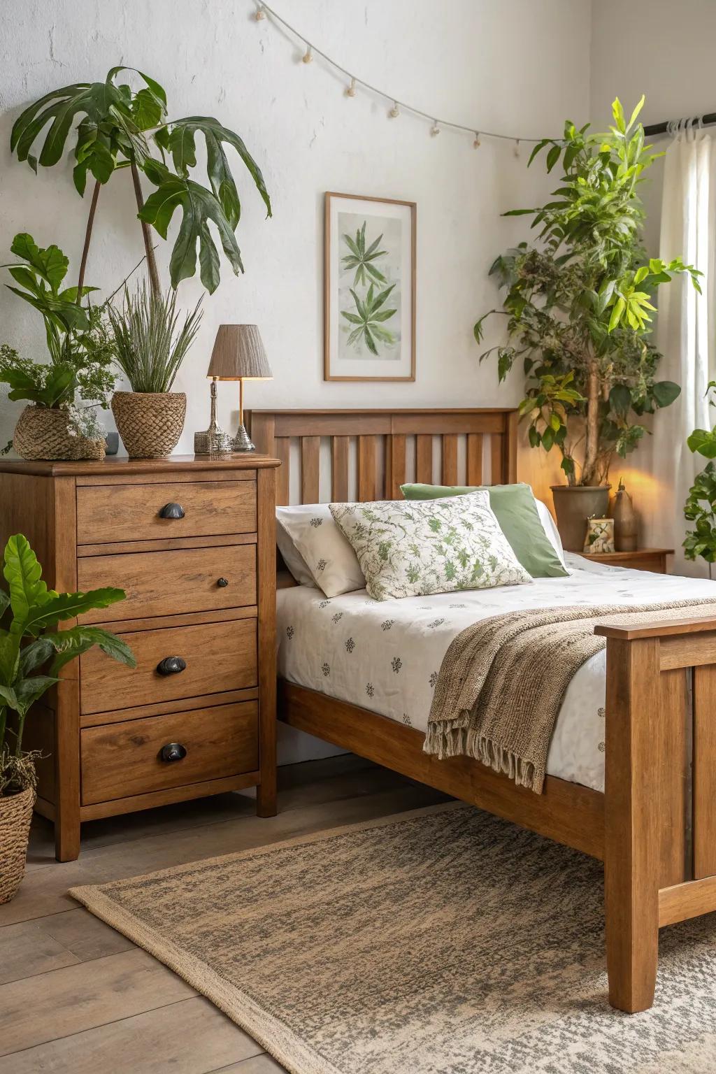 A bedroom featuring wooden furniture and potted plants.