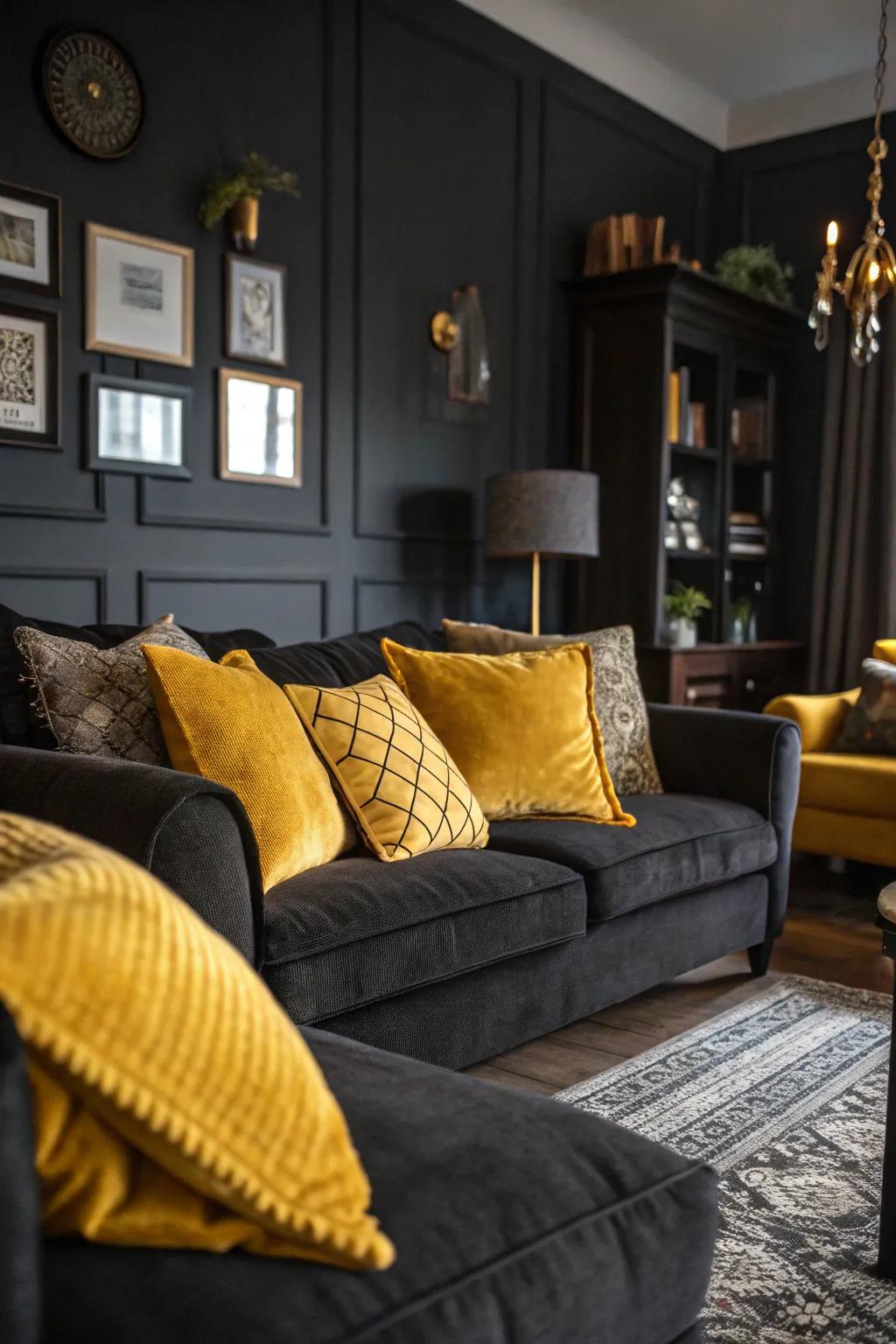 Golden decorative cushions adding contrast to an atmospheric living space.