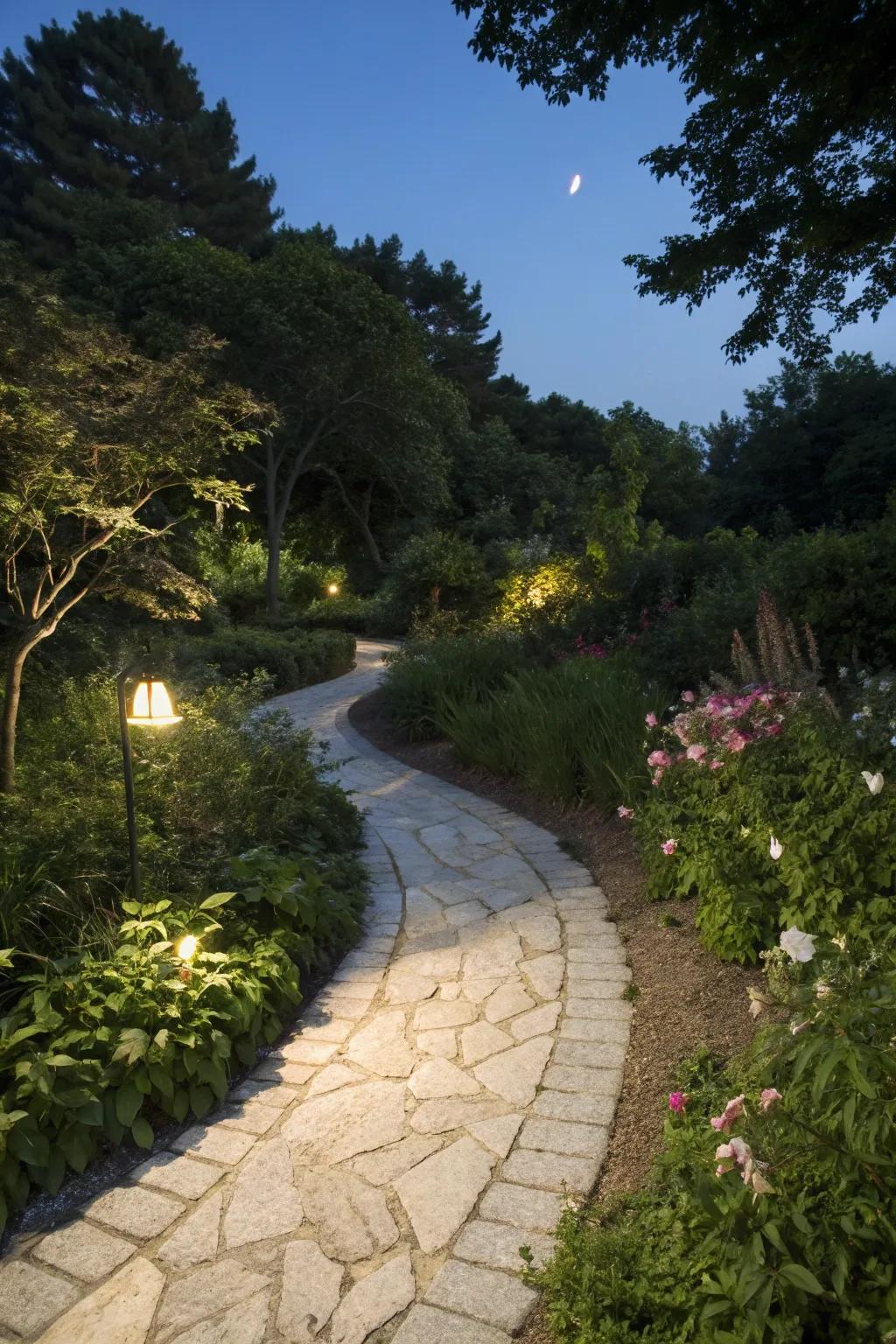 Light-colored stone routes encouraging nighttime discovery.