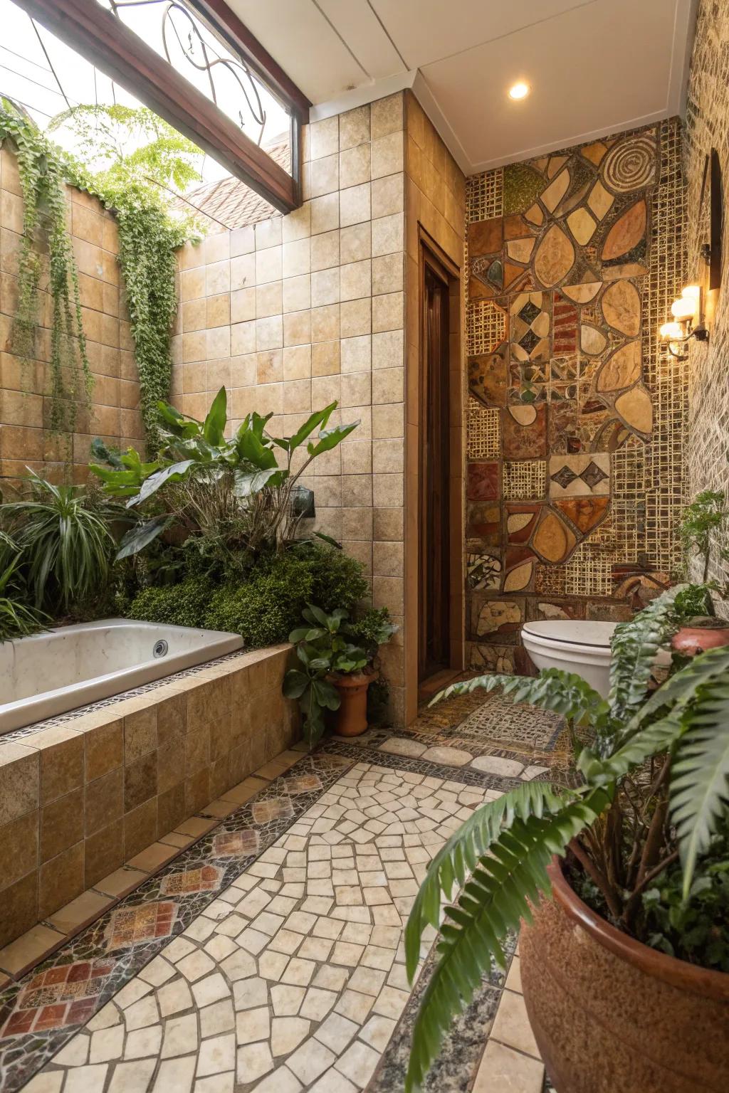 Achieve serenity using mosaic decor in organic, natural shades.