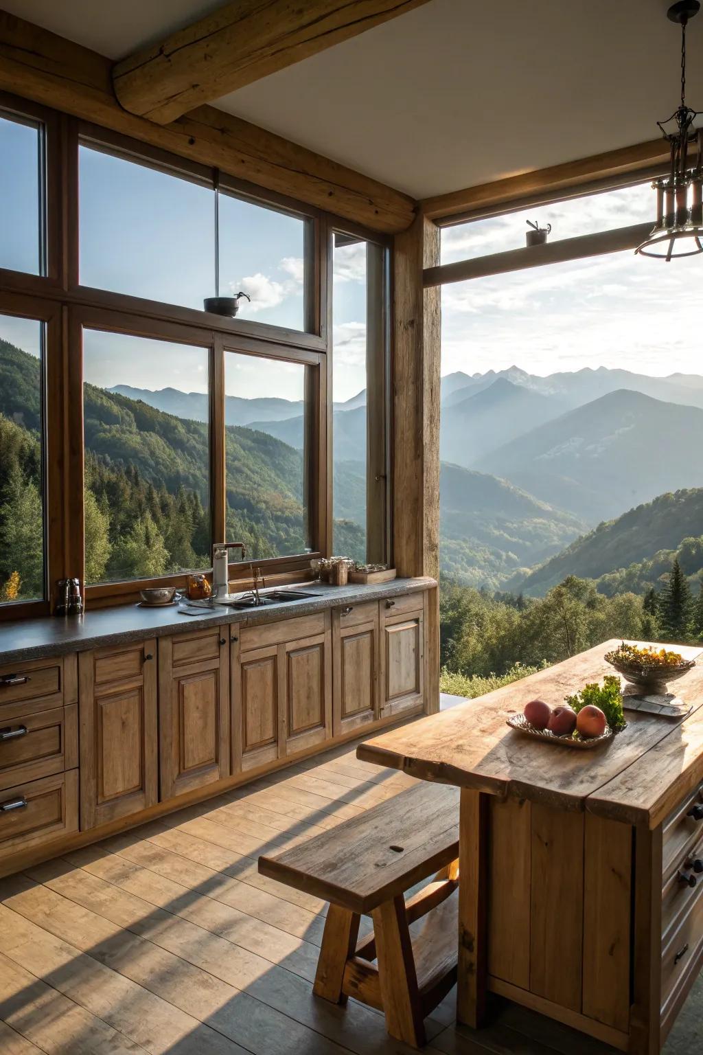 Large windows frame the picturesque mountain views, connecting the indoors with the outdoors.