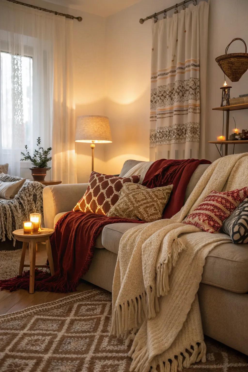 A variety of comforting fabrics elevates the coziness of the living space.