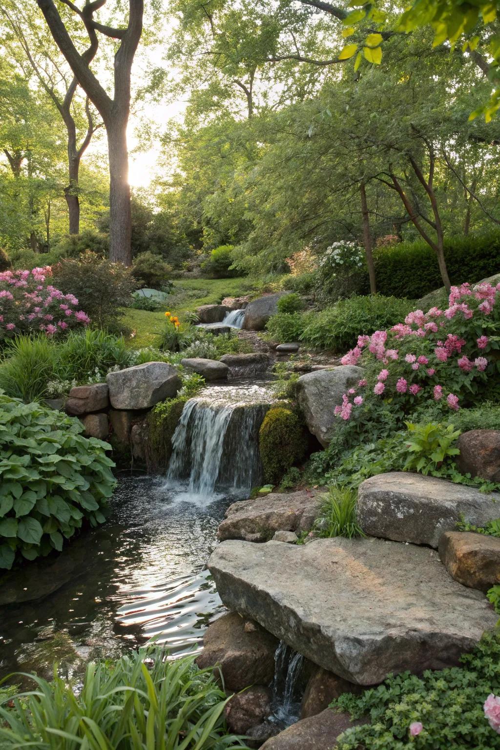 A peaceful waterfall flows over natural stones, bringing a sense of calm to the garden.