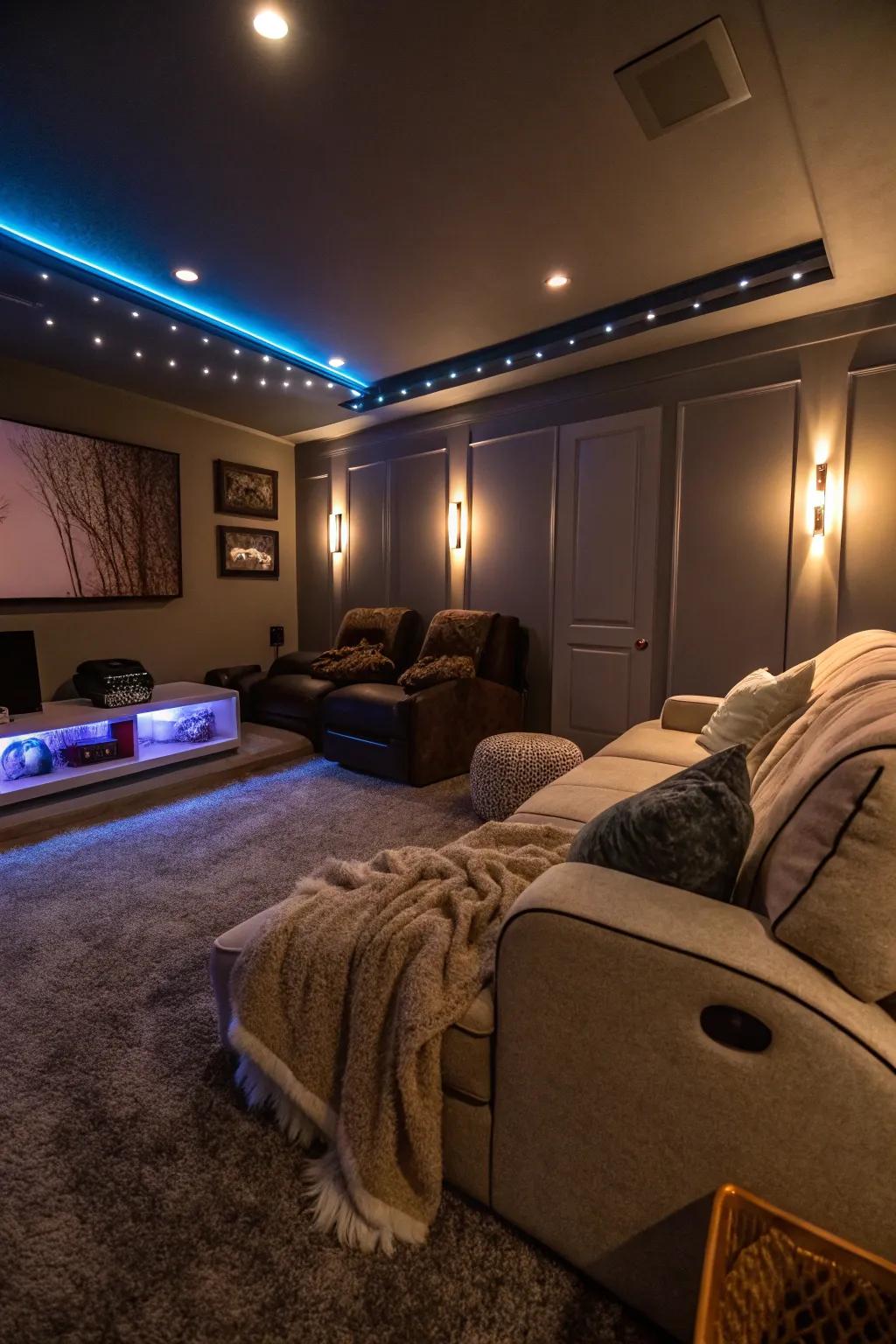 The ideal movie-watching atmosphere is created by ambient lighting.