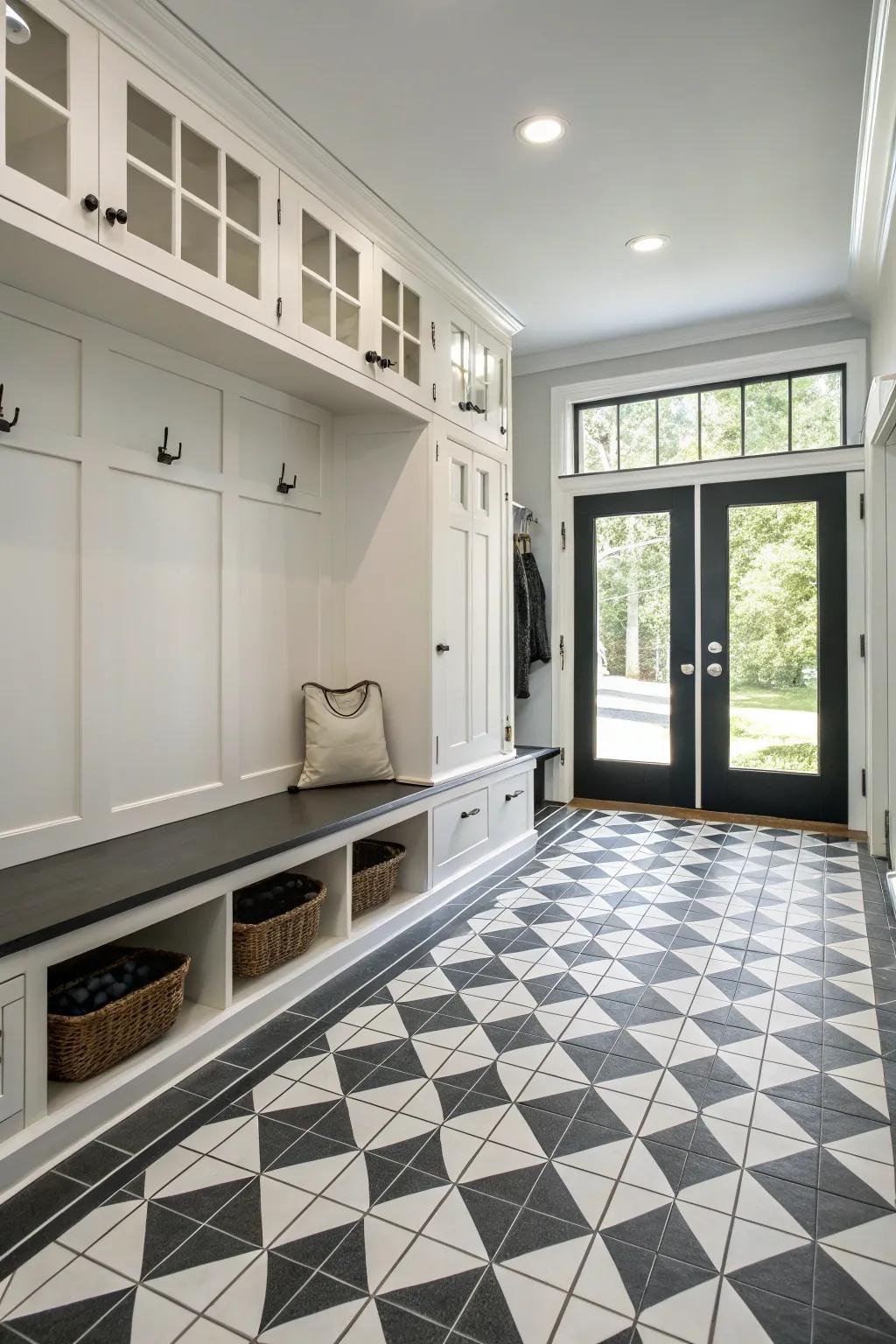 Striking onyx and chalk tiles in a modern mudroom