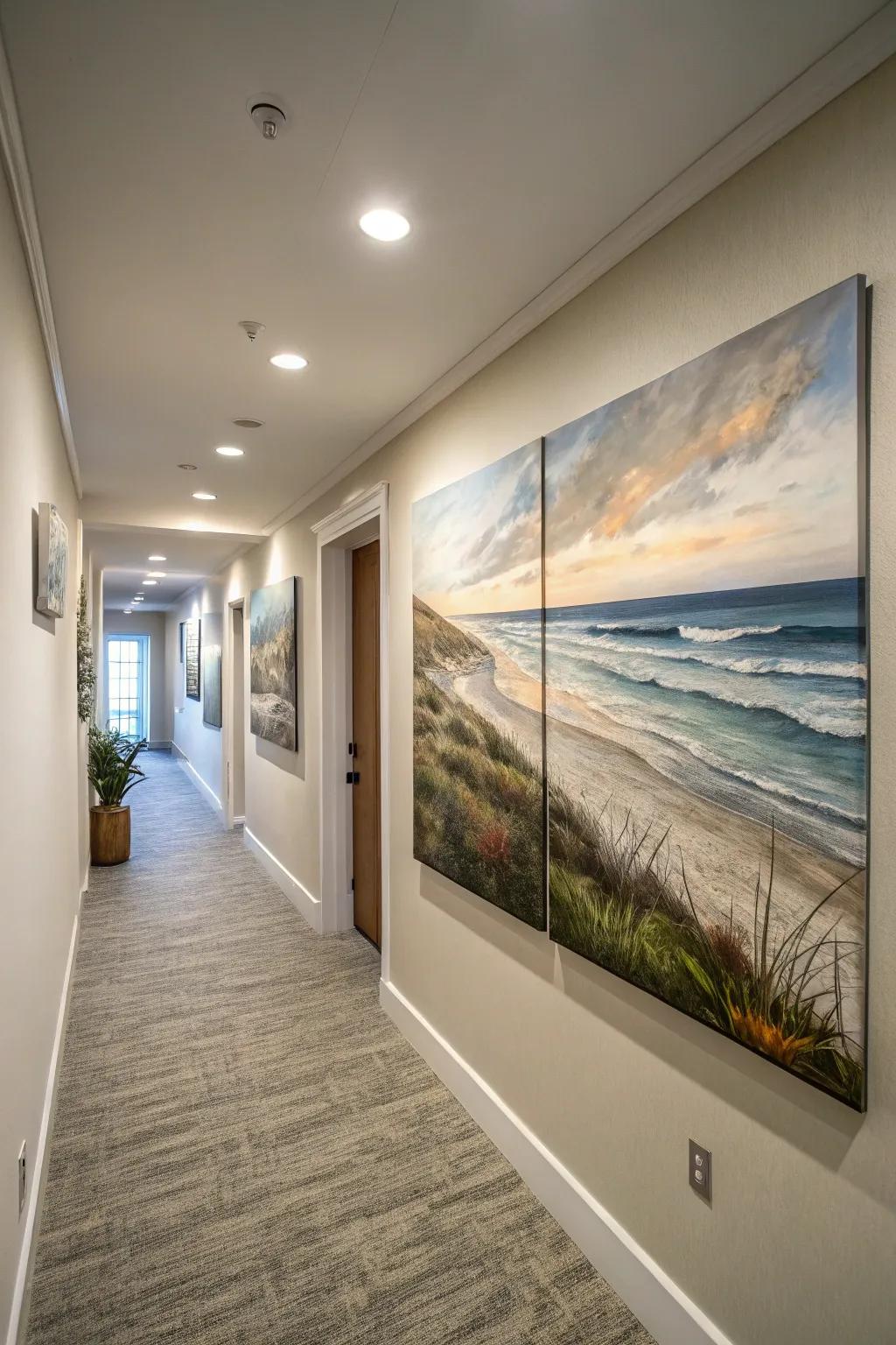 A tranquil seaside view painting across multiple canvases, constructing a seamless panorama in the hallway.