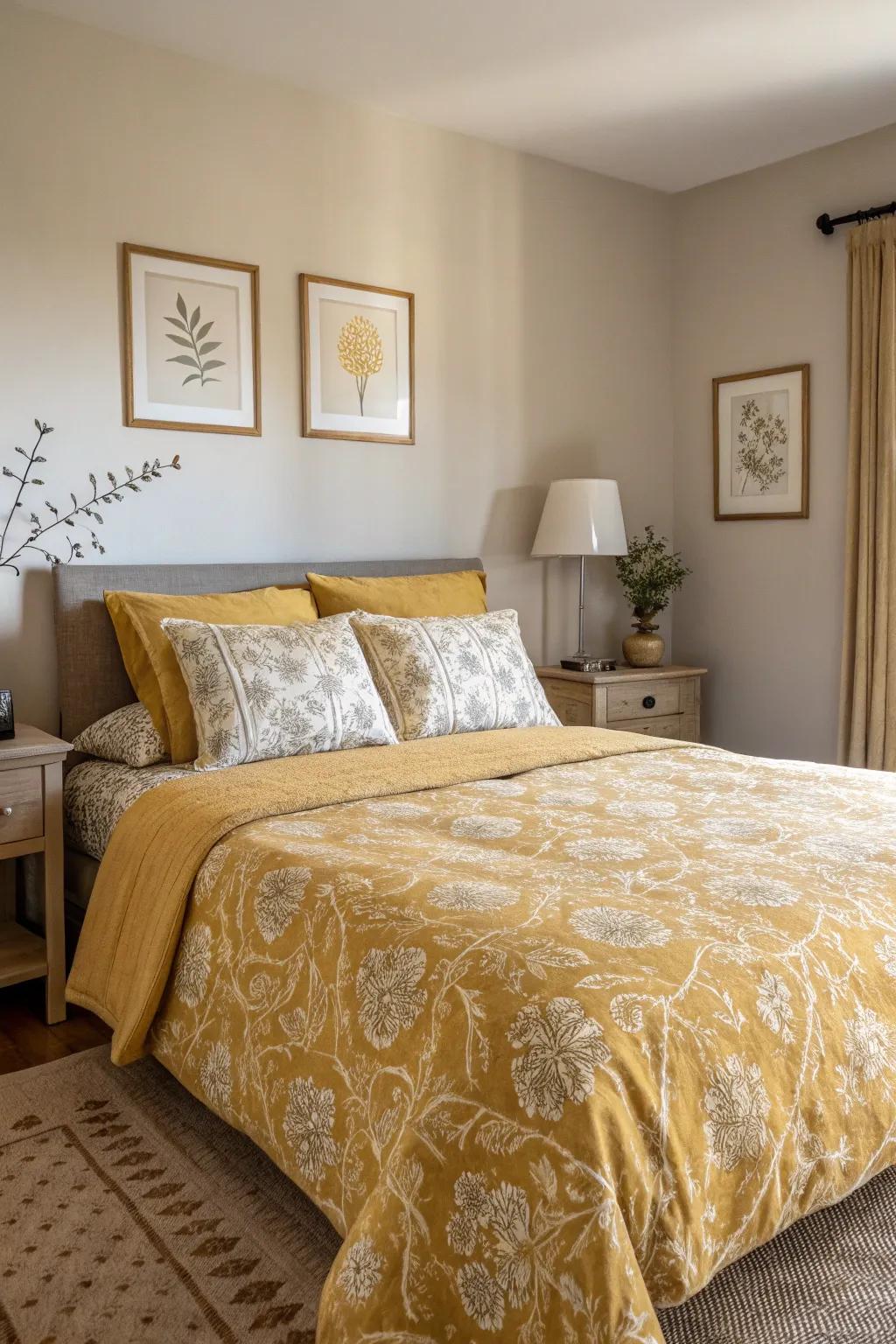 Patterned goldenrod bedding adding a striking impact to a neutral bedroom.