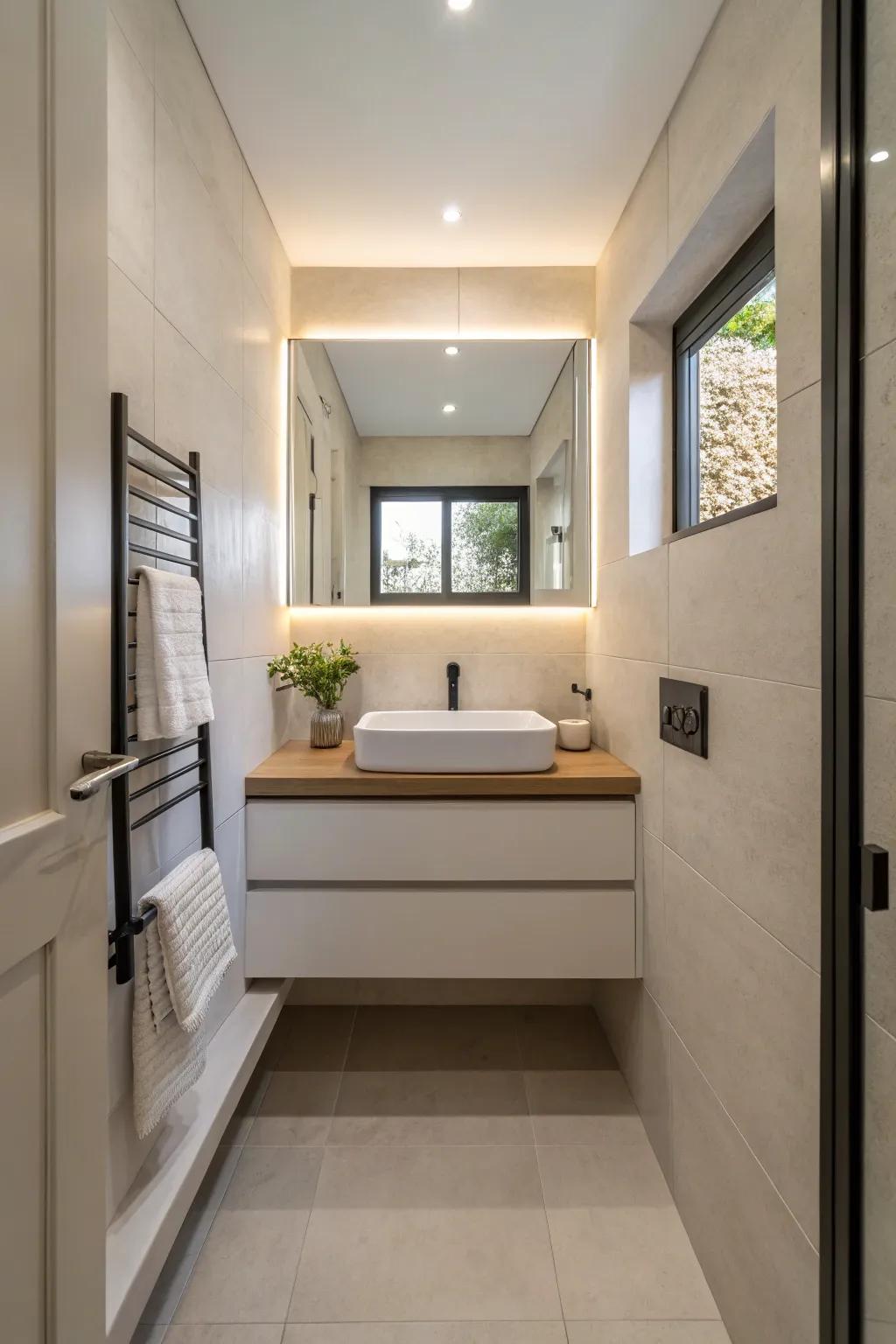 Floating vanities are stylish and useful in small spaces.