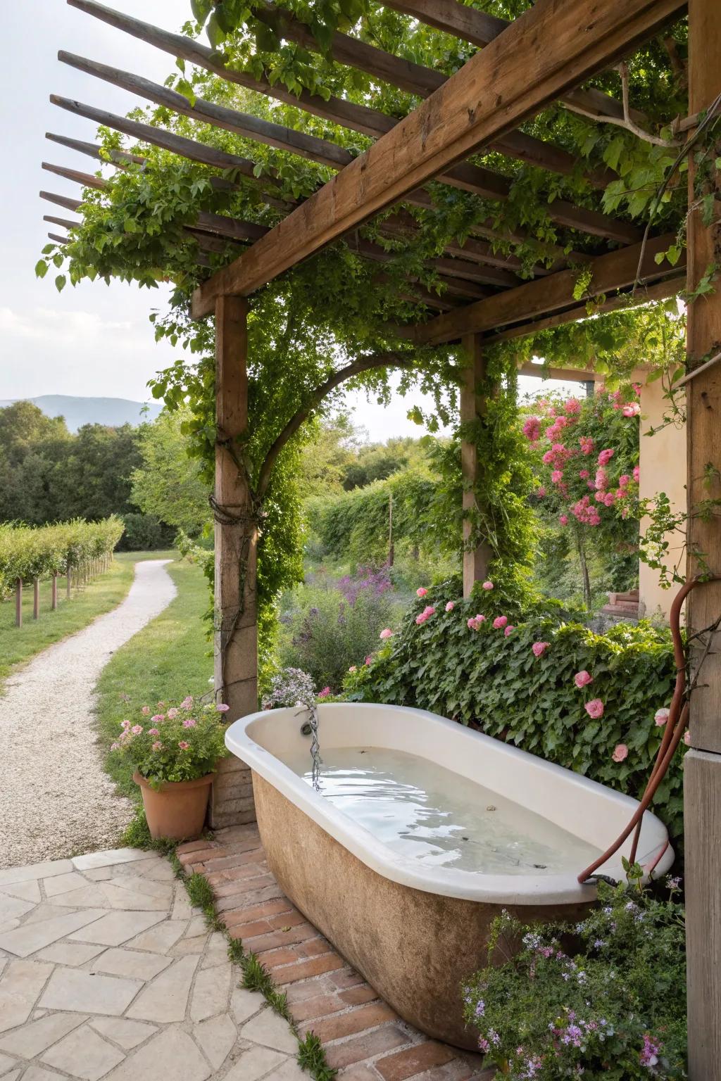 Harmonize shade and sunlight with a pergola positioned above your bathtub.