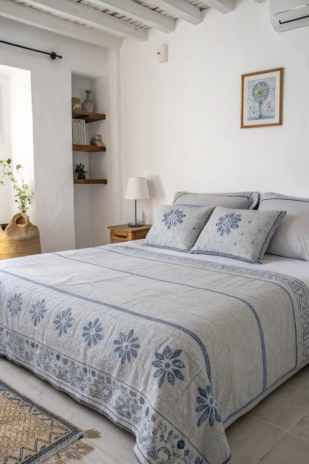 The subtle blue patterns on grey bedding bring an element of sophistication to a minimalist bedroom.