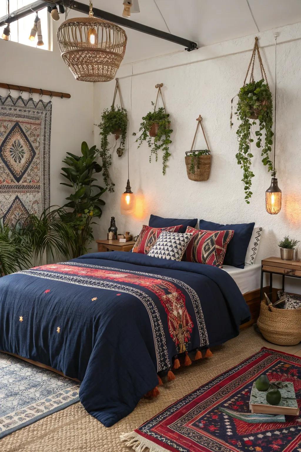 Design a free-spirited getaway with dark blue layers and varied designs.