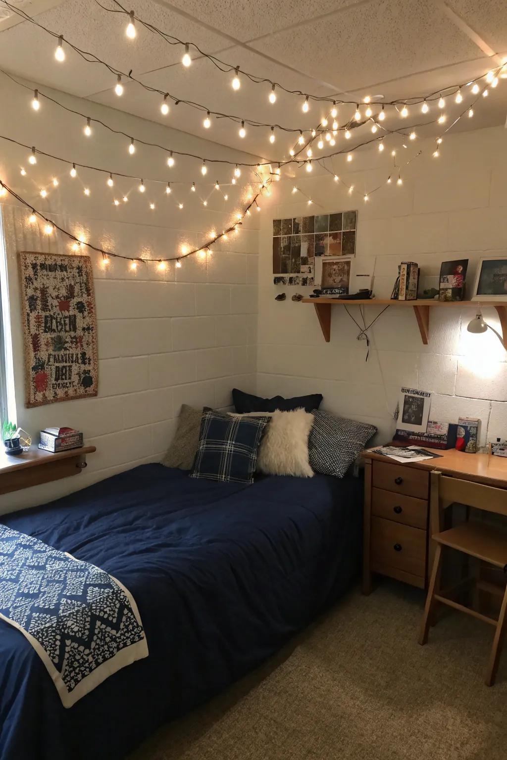 Fairy lights enhance your navy blue escape with a hint of magic.