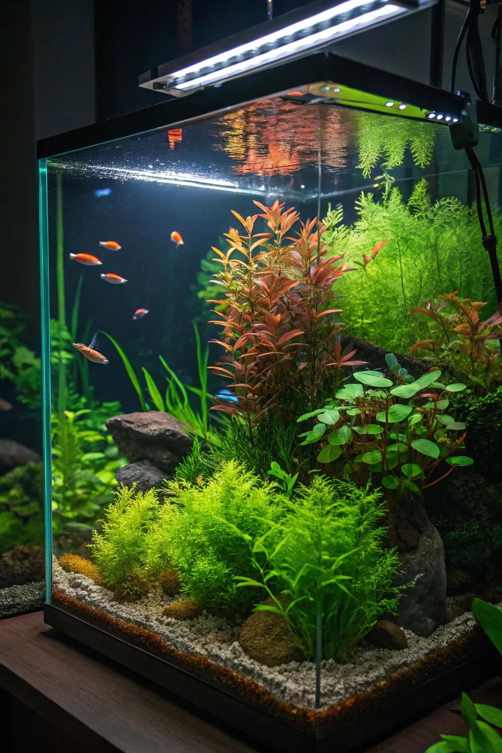 Rich living flora brings a natural vibrancy to this fluorescent aquarium.