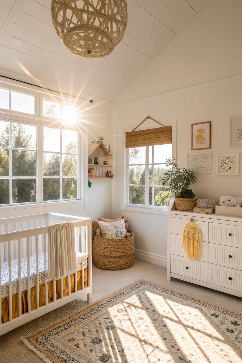 A radiant and airy nursery featuring creamy ivory shades.