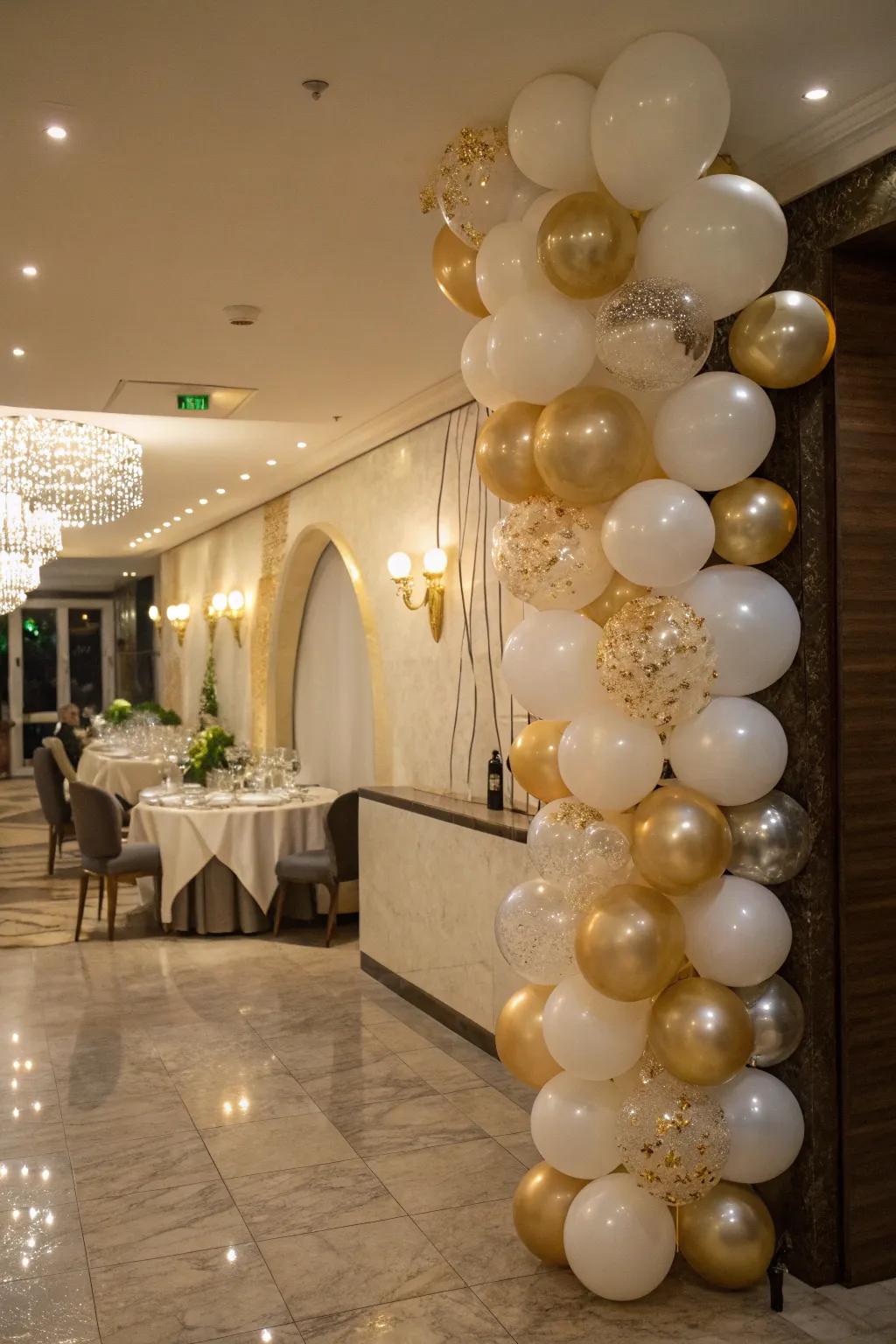 Balloons arranged in the manner of champagne bubbles, infusing a hint of refinement into the New Year's celebration.