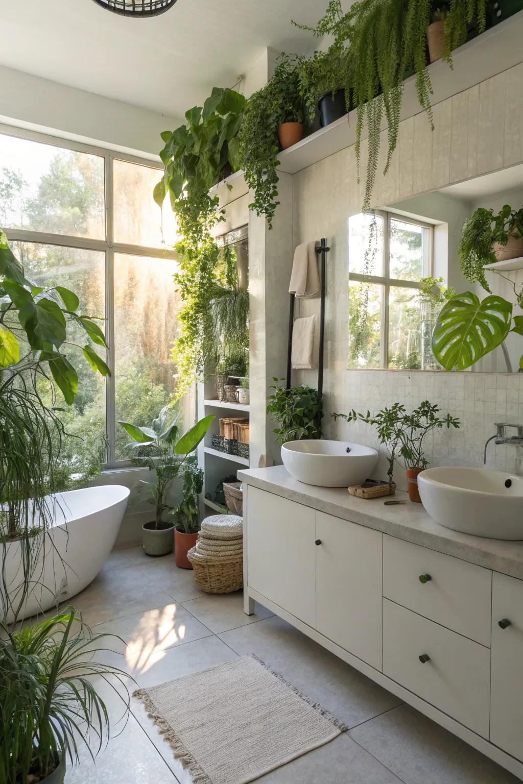 A lush bathroom with a variety of plants for a refreshing vibe.