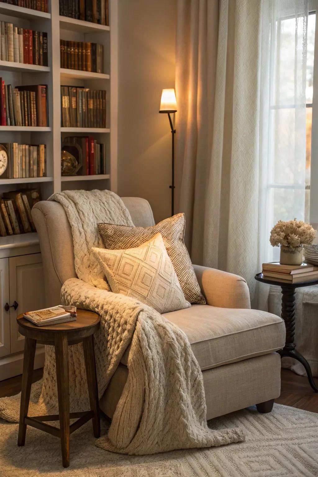 A nook elevated by plush textiles for extra comfort and visual appeal.