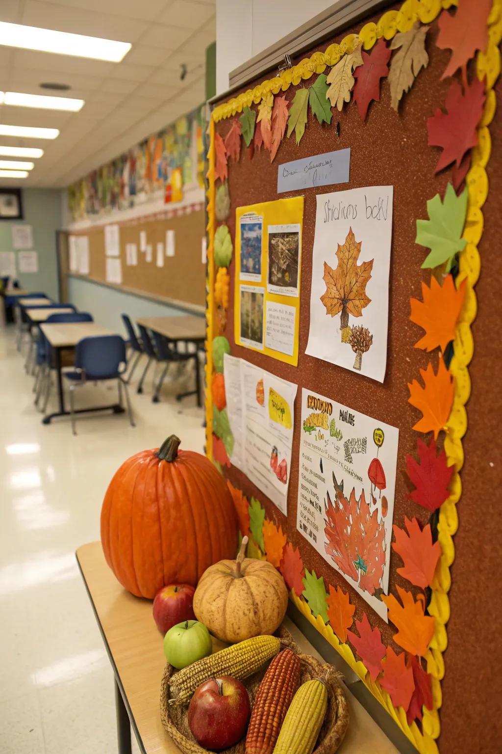 A harvest-themed bulletin board showcasing student creations.