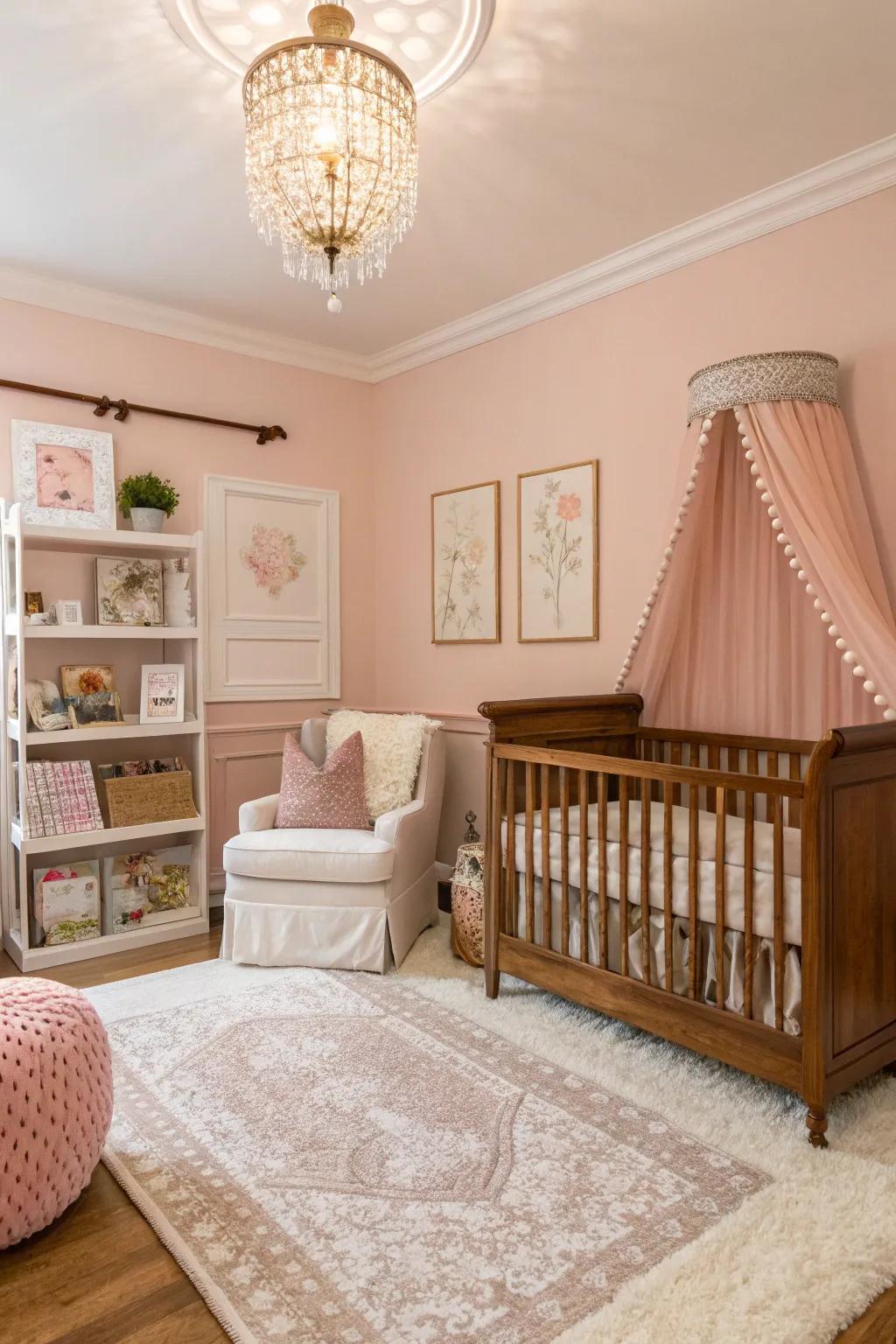 A comfortable nursery with gentle rose pink walls.