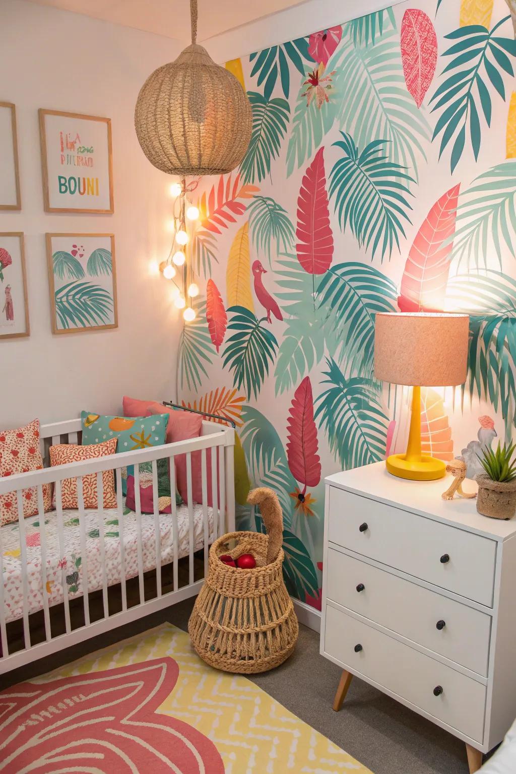 A vibrant tropical paradise nursery filled with color and whimsy.