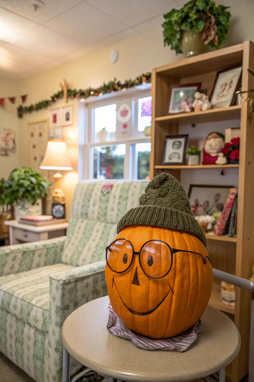 A pumpkin that has been transformed into a senior citizen exudes charm and personality.