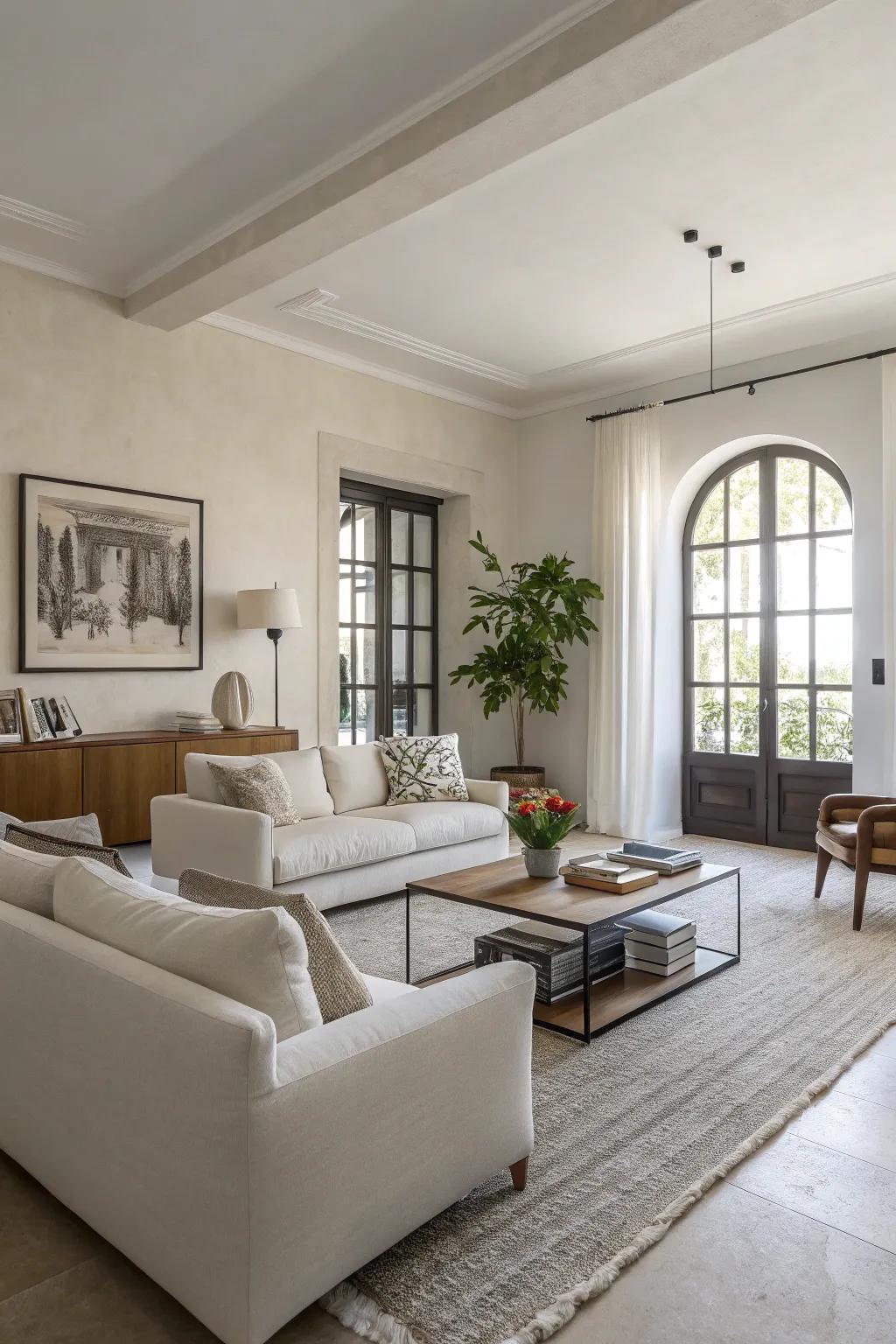 Minimalist design enhances the elegance of an off-white living room.
