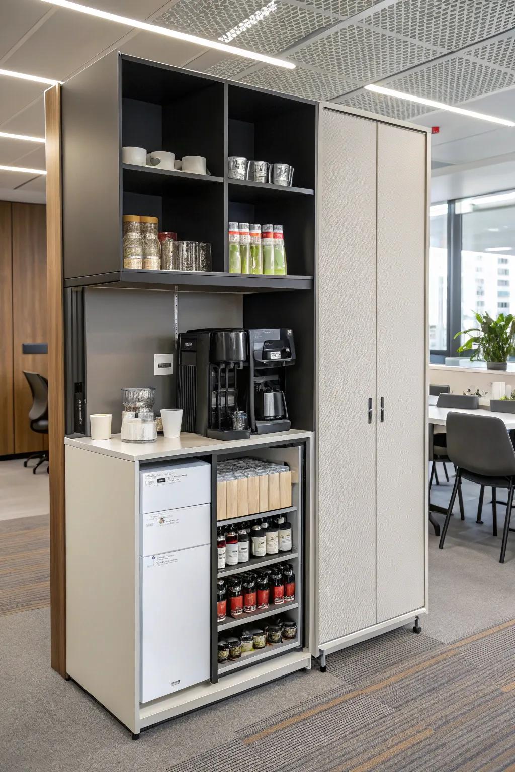 An elegant cupboard ensures your coffee essentials are organized and concealed.