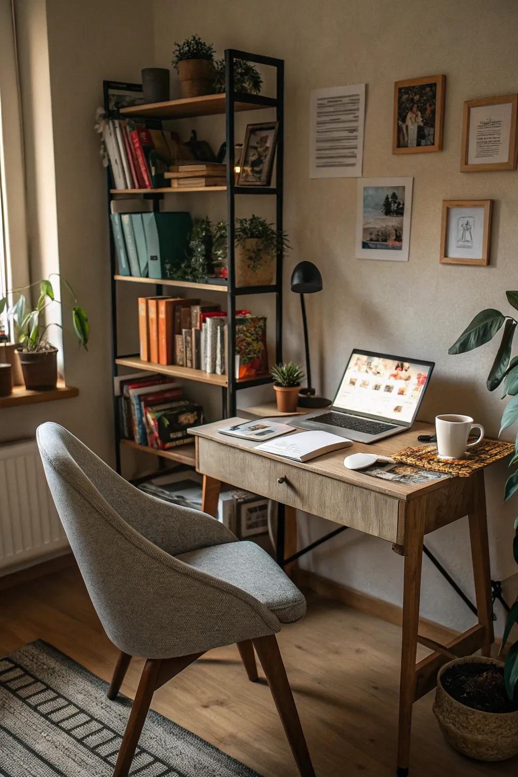 A cozy home office featuring personal and useful components.