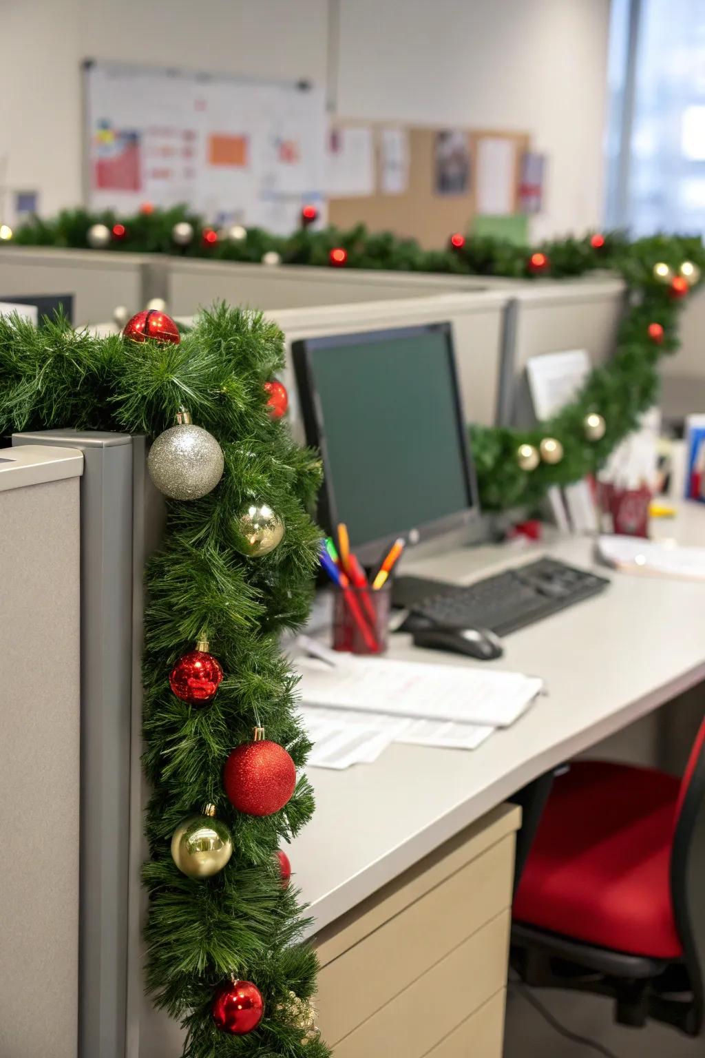 A vibrant garland introduces a natural holiday charm to your office setting.