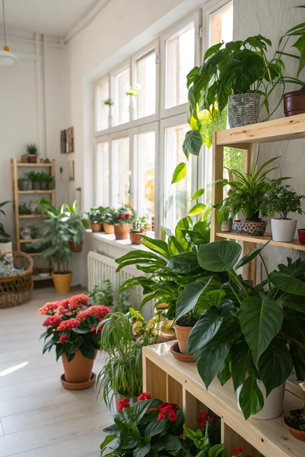 Greenery introduces a refreshing touch to the room.