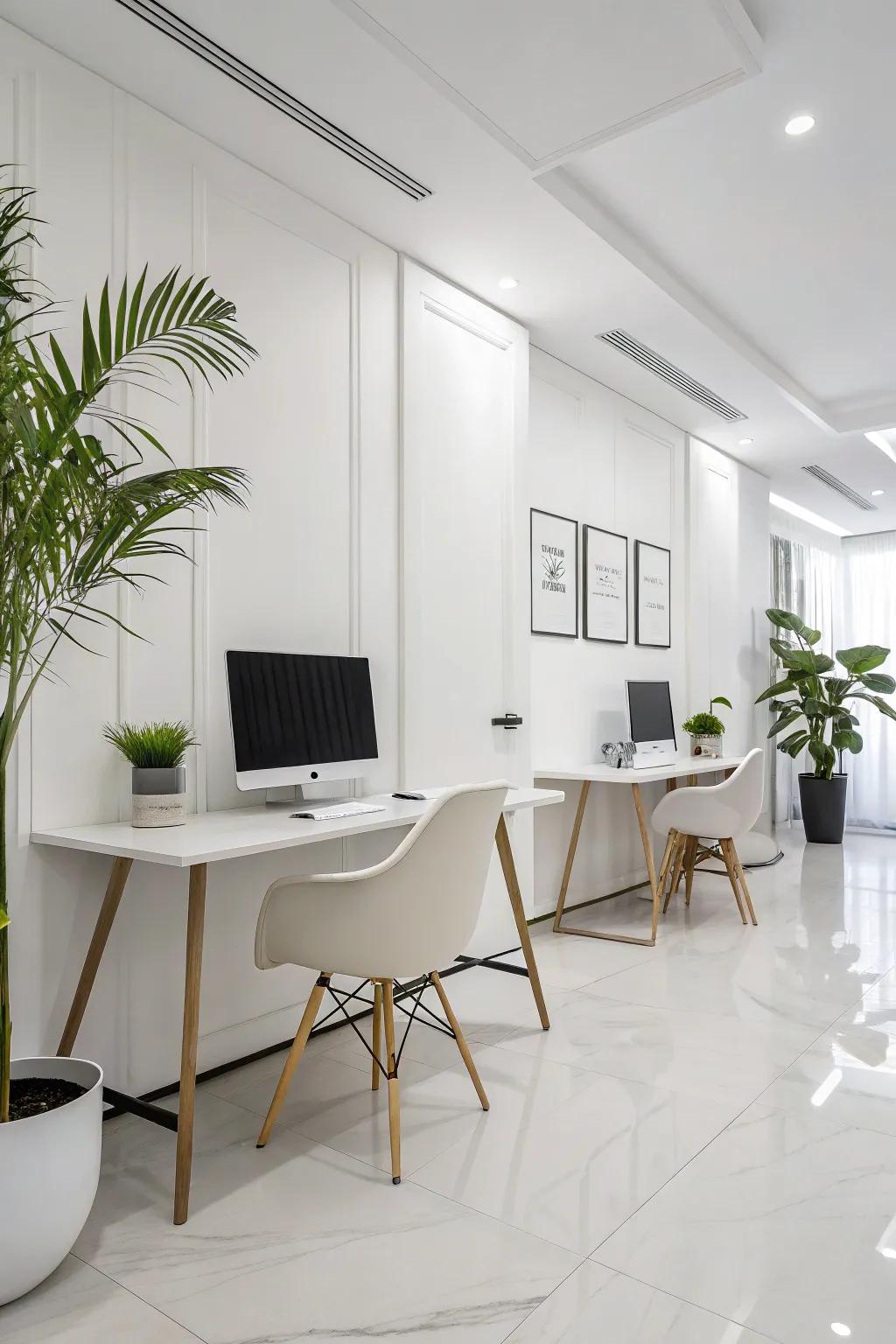 A minimalist aesthetic supports a calm and focused work environment.