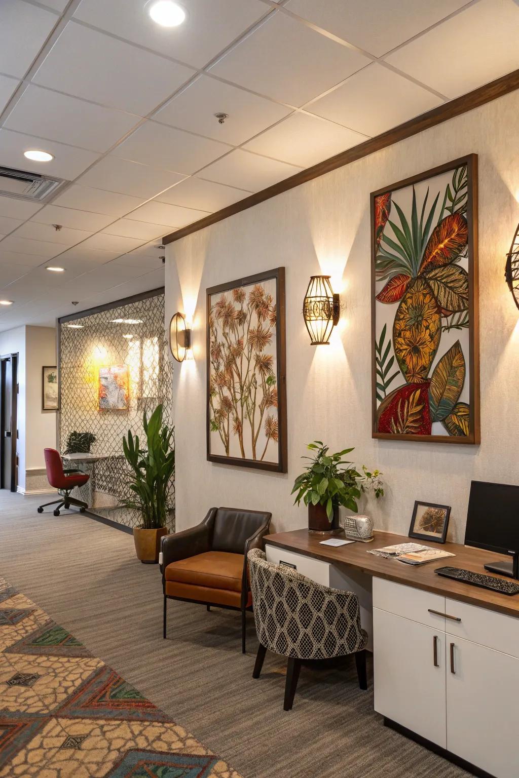 Artistic lights as statement pieces in the office.