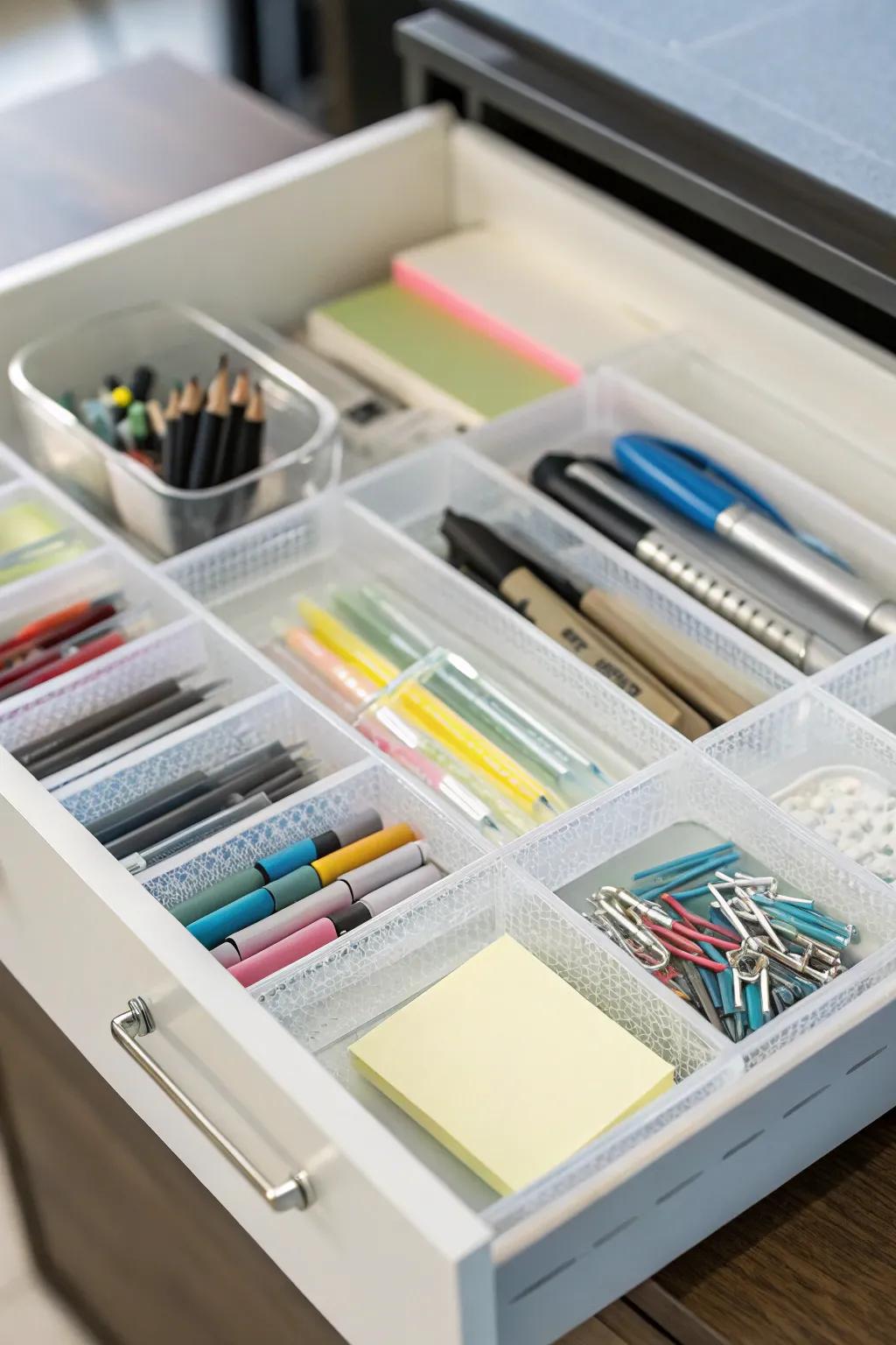 A drawer organizer ensures office supplies are tidy and accessible.