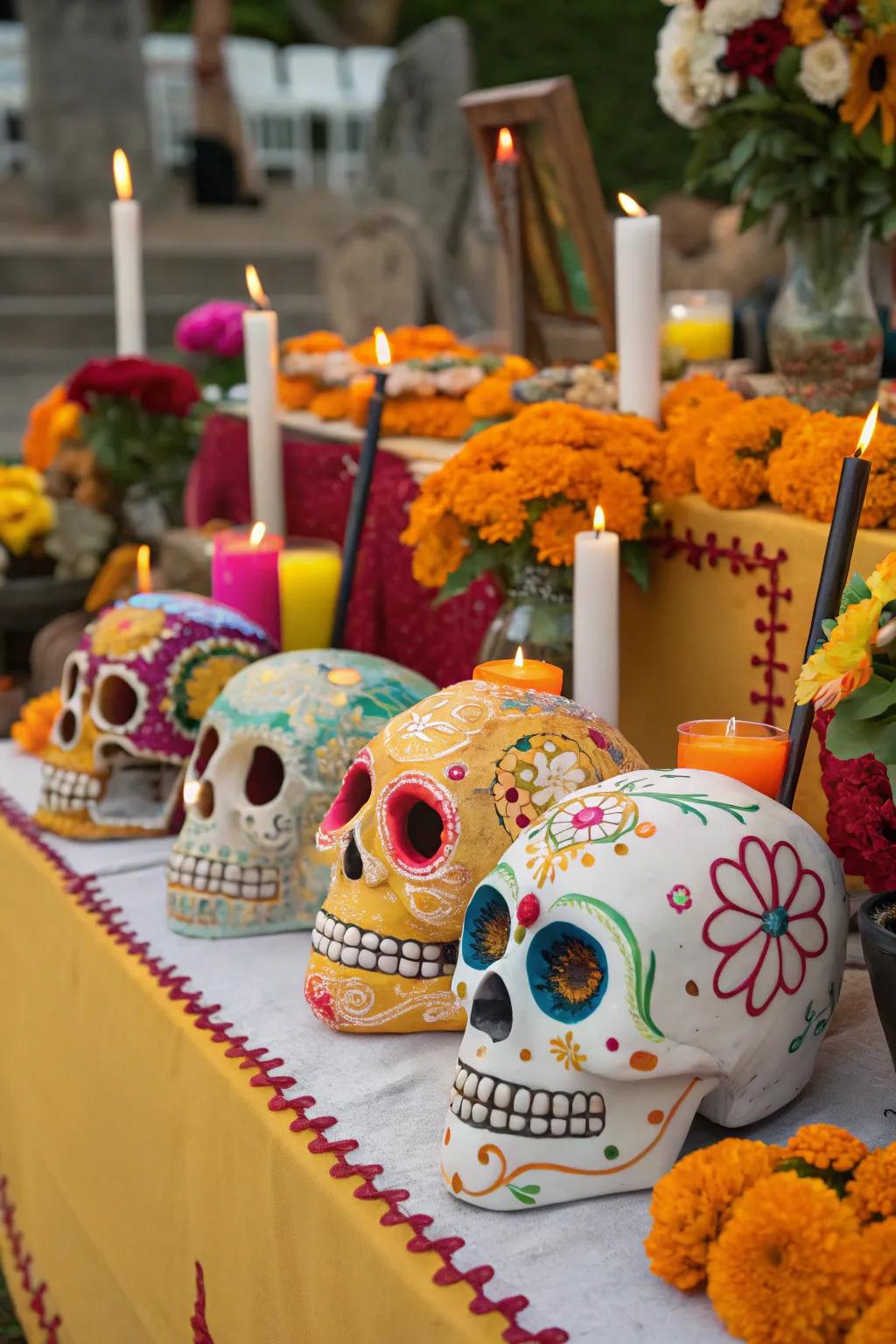 Decorative sugar skulls contribute a playful and traditional element to your ofrenda.