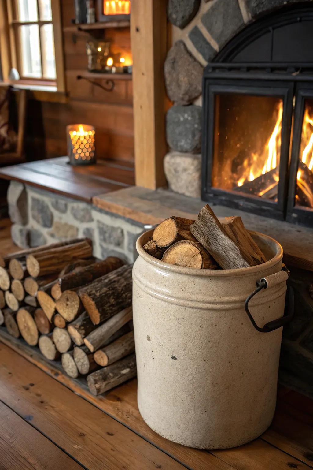 Employ a jug as a firewood holder, combining practicality and design.