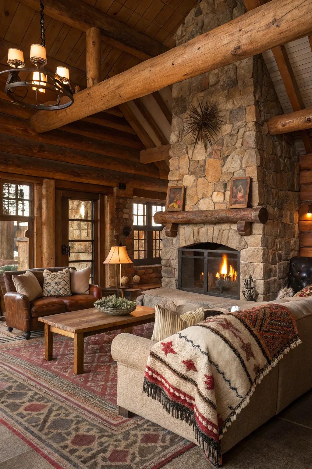 The rustic lodge interior features a palette of earthy colors and comfortable furnishings.
