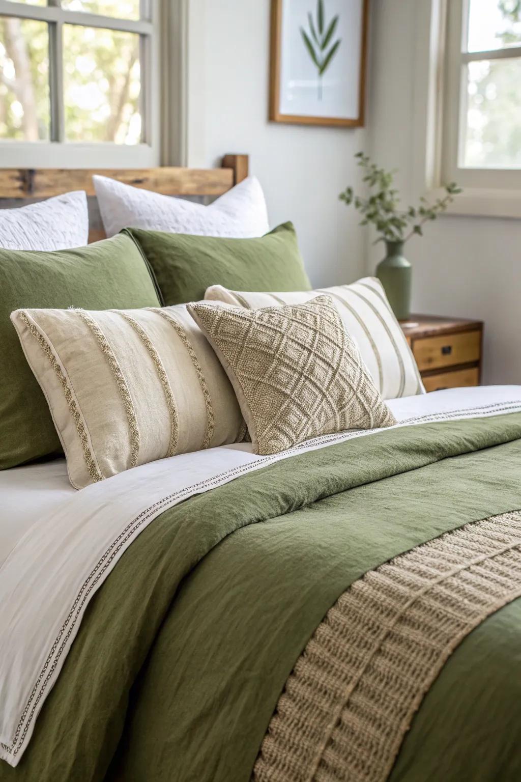 Complementary pillows showcase the subtle characteristics of deep moss green bedding.
