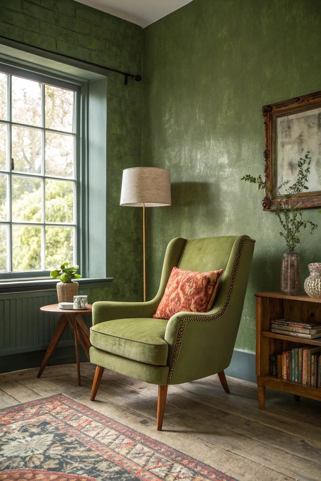 An antique armchair adds a striking contrast to forest green walls.