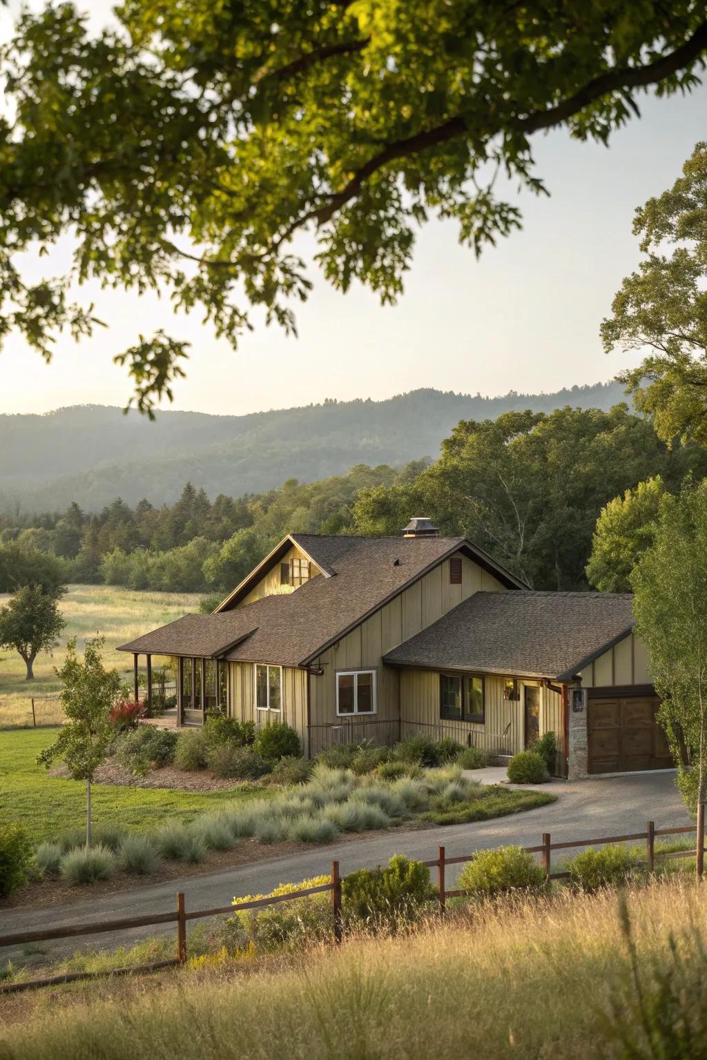 Earthy colors create a serene and unified look for this ranch house.